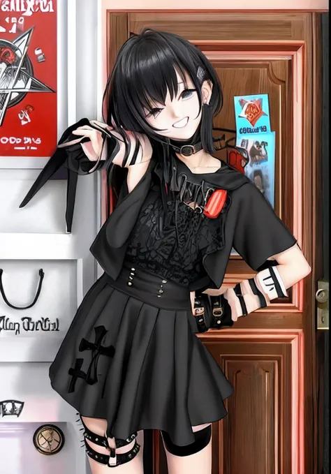 anime girl with black hair and black dress posing in front of a door, 1 7 - year - old anime goth girl, gothcore, gapmoe yandere grimdark, witchcore clothes, gapmoe yandere, anime cover, portrait gapmoe yandere grimdark, with index finger, yandere, gothic ...