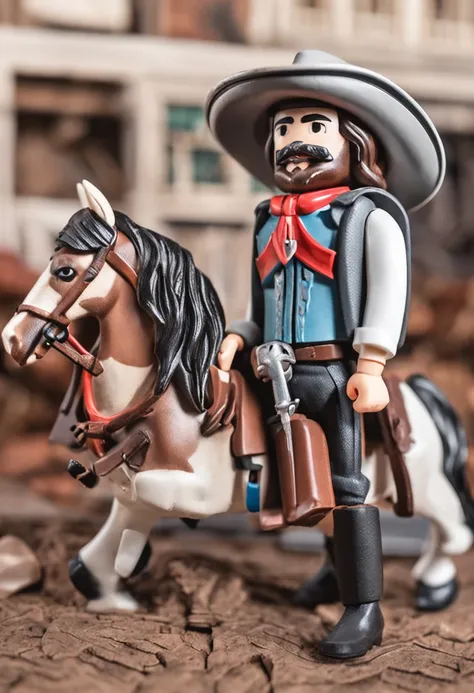 um close up de uma figura de brinquedo playmobil ultra detalhado, handsome and aesthetic, extremamente detalhado, dinamic angle, tiro de cowboy, a forma mais bonita do caos, elegante, um design vivo, cores vivas, obra-prima, melhor qualidade, cabelo preto,...