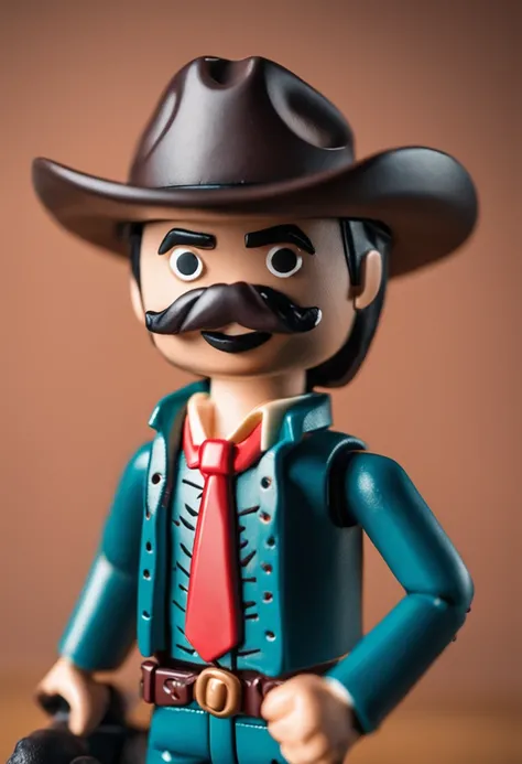 um close up de uma figura de brinquedo playmobil ultra detalhado, handsome and aesthetic, extremamente detalhado, dinamic angle, tiro de cowboy, a forma mais bonita do caos, elegante, um design vivo, cores vivas, obra-prima, melhor qualidade, cabelo preto,...