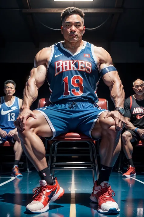 A 50-year-old middle-aged man，grampa，Man，Height 195，Asian people，japanes，sit on chair，God perspective，The eyes are about to face each other，Chinese men，musculature，Lift one foot，Wearing a blue-red Nike basketball vest，Blue basketball pants，The number 8 is ...