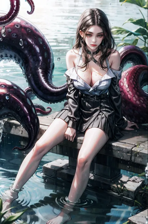 Bigchest，Mini-wrap arm skirt，Sit on your knees，D-cups，There are tentacle teases next to it，There are water droplets