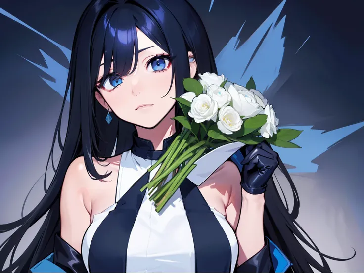 Handsome woman，cabelos preto e longos，Long straight hair，Qi bangs，blue color eyes，Holding flowers，Long jacket，sleeveless tops，Shoulders exposed，The upper part of the body，simple backgound