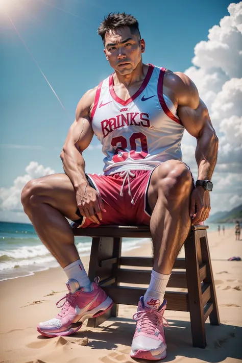 50-year-old middle-aged man，grampa，Man，Height 195，Asian people，Chinese big breasts，sit on chair，God perspective，The eyes are about to face each other，largeeyes，Chinese men，musculature，Lift one foot，Wearing a cherry blossom pink Nike basketball vest，White b...