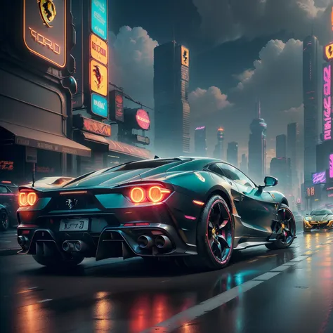 best quality, masterpiece, detailed background, highly detailed, intricate, cyberpunk city, road, cyberpunk, sunny, day, clouds, skyscraper, futuristic, science fiction, car focus, cool car, (cyberpunk car, futuristic car:1.2), (neon car, neon wheels, neon...