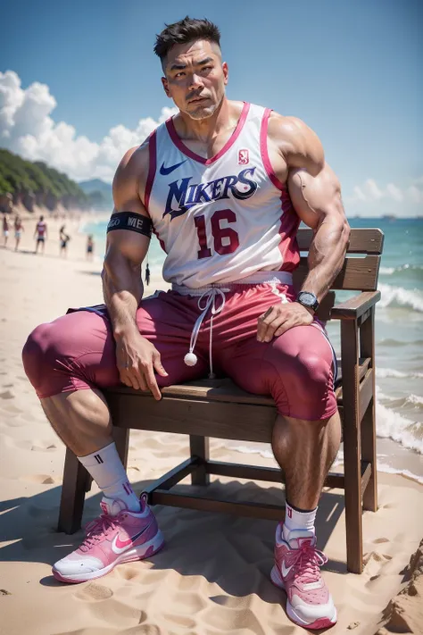 50-year-old middle-aged man，grampa，Man，Height 195，Asian people，Chinese big breasts，sit on chair，God perspective，The eyes are about to face each other，largeeyes，Chinese men，musculature，Lift one foot，Wearing a cherry blossom pink Nike basketball vest，White b...