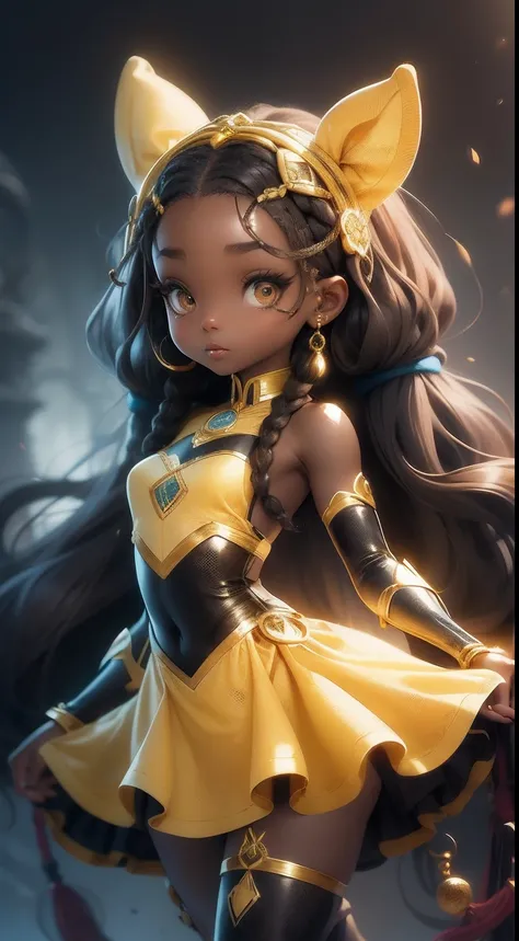 detailed cartoon, Black young princess sister with hair braids and almond-shaped eyes, Dark brown skin, The whole body is wearing a yellow princess dress, cartoon character, 8K, High quality, high resolution, 4K, HD,(Well-designed body), amazing body, (Sup...