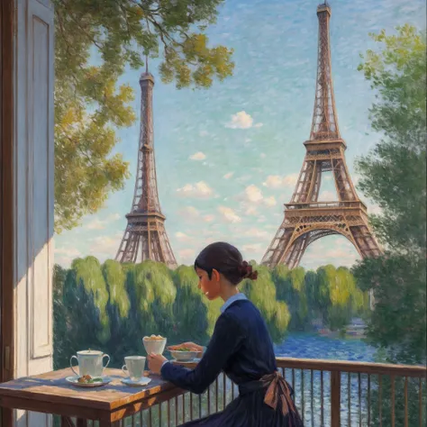 1girl eating breakfast while looking at the eiffel tower, impressionism, oil painting, monet