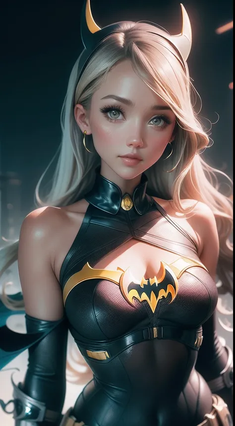 An original portrait of a teenager in charming simulation style++ model (Jessica Alba or Amber Heard) as Batgirl, Wear an elegant and stylish outfit made of fragile nylon by Calvin Klein.