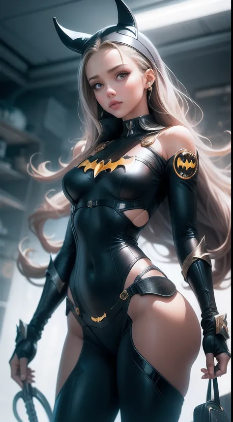 An original portrait of a teenager in charming simulation style++ model (Jessica Alba or Amber Heard) as Batgirl, Wear an elegant and stylish outfit made of fragile nylon by Calvin Klein.