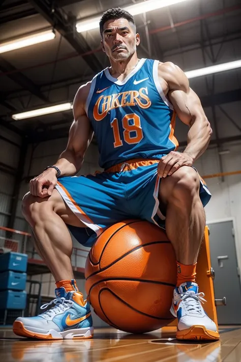 50-year-old middle-aged man，grampa，Man，Height 195，Asian people，sit on chair，God perspective，The eyes are about to face each other，Chinese men，musculature，Lift one foot，Wearing an orange and sky blue Nike basketball vest，Blue basketball pants，The number 18 ...