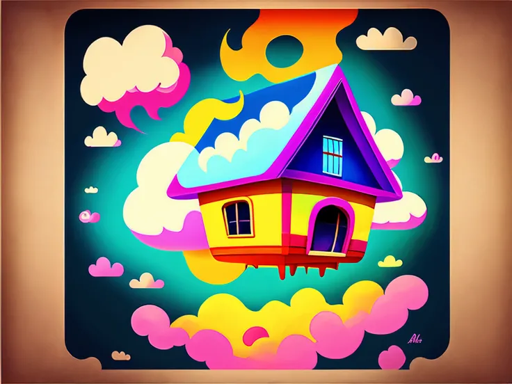 A4 poster cloud flying house cartoon cure colorful