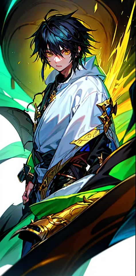 solo, anime boy with black hair and yellow eyes, wearing fantasy rogue gear, fantasy inspired, extremely detailed, white background