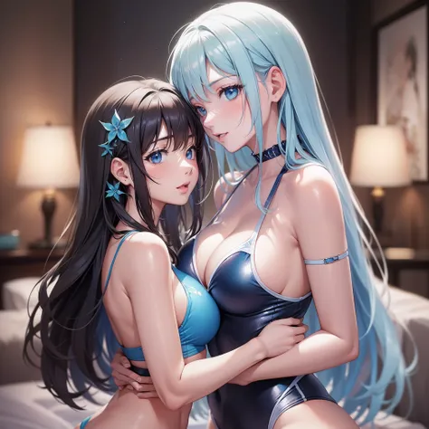 ((Finest quality)),(超A high resolution),(ultra-detailliert),((Best Anime)),sharpnes,clear,The Art of Phenomenal Depictions, (Two women hugging each other,Light blue swimsuit,Slim body)