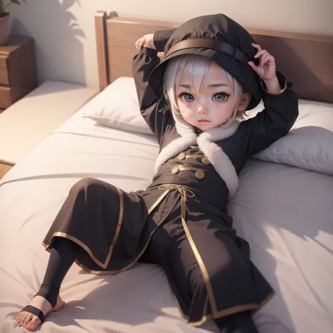 Shota in a costume lay on the bed