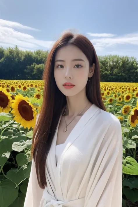 ( RAW photogr, Photorealsitic:1.25)，1girll，a lot of sunflowers，blue-sky，baiyun，Pose，(robe blanche:1.2)、a necklace