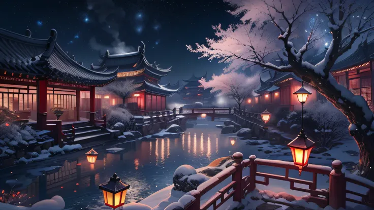 Rendering in surreal CG ancient China，Jiangnan ancient buildings and ancient towns have Yaolin wonderland。the night，The stars are bright，The smoke is fascinating，Maple leaves and milk leaves are trees。snow landscape。k hd