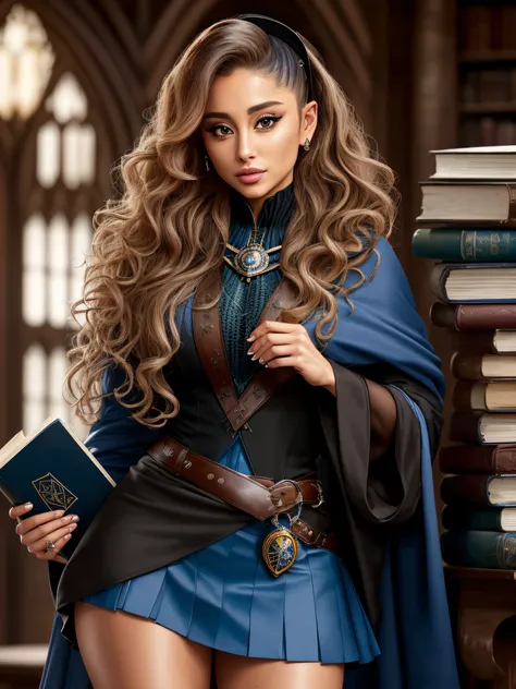 ariana grande, wavy hair, detailed alluring eyes, sexy legs, wearing blue mantle, mini skirt, gaiters, holding books, seductive,...