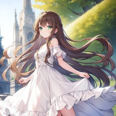 brown hair, long hair, green eyes, long white dress, Paris