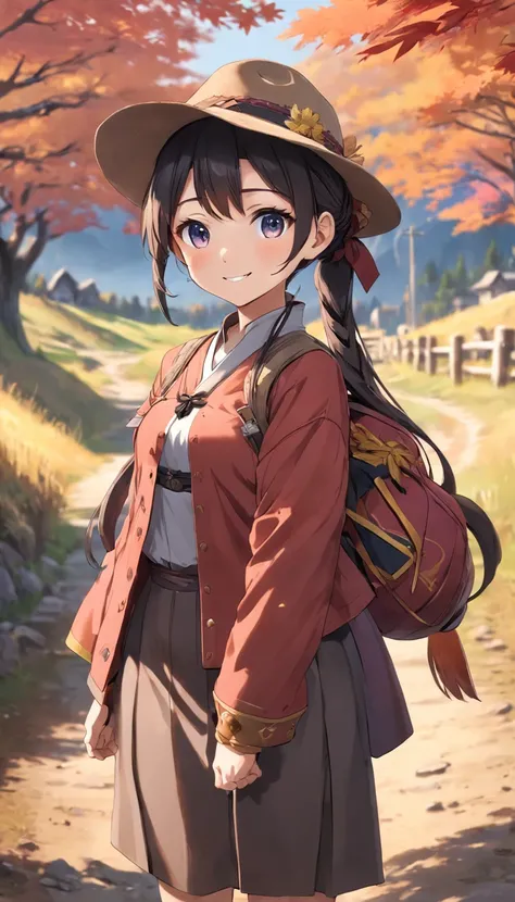 1girl, standing, cowboy shot,front view,looking at viewer,autumn,hiking outfit,small hat,pony tail,smile,ancient Japanese countryside