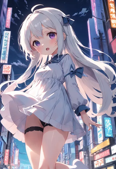 Cute loli，long whitr hair，Leaky shoulders，Barefoot，head looking up，shift dresses，white  panties，largeeyes，Anime cute face，Loli，Long white socks，Lift the skirt，Leakage