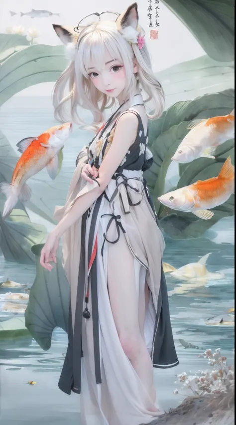 ((4k,masterpiece,best quality)), shuimobysim, traditional chinese ink painting, lotus,  hanfu, maxiskit, dress conservatively
1 girl, solo, white hair, long hair, fox ears, white, bikini, fish, many fish near girl, look at viewer, tease