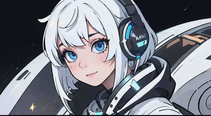 (Masterpiece, fine detailed beautiful eyes: 1.2), (On the moon, space, looking back into earth), White hair, Black tank top, voluminetric lighting, White jacket, glowing headphones, Cyberpunk, Futuristic, multi colored eyes, Detailed eyes, ultra - detailed...