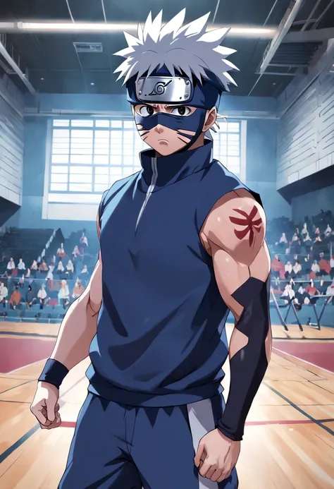 Kakashi Hatake in gym clothes training intensely in a bodybuilding gym, aficionado, Mirando un visor, gimnasio, Muscle , Hacer ejercicio, cicatriz en su ojo izquierdo, blue mask