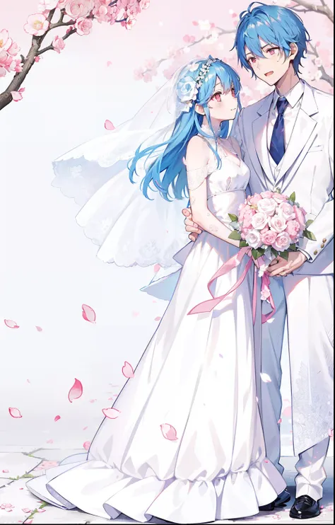 1boy, 1girl, bangs, bare shoulders, blue hair, blue sky, bouquet, bowtie, braid, branch, bridal veil, bride, cherry blossoms, church, confession, dress, dress flower, falling petals, floral background, flower, garden, graduation, green flower, groom, hanam...