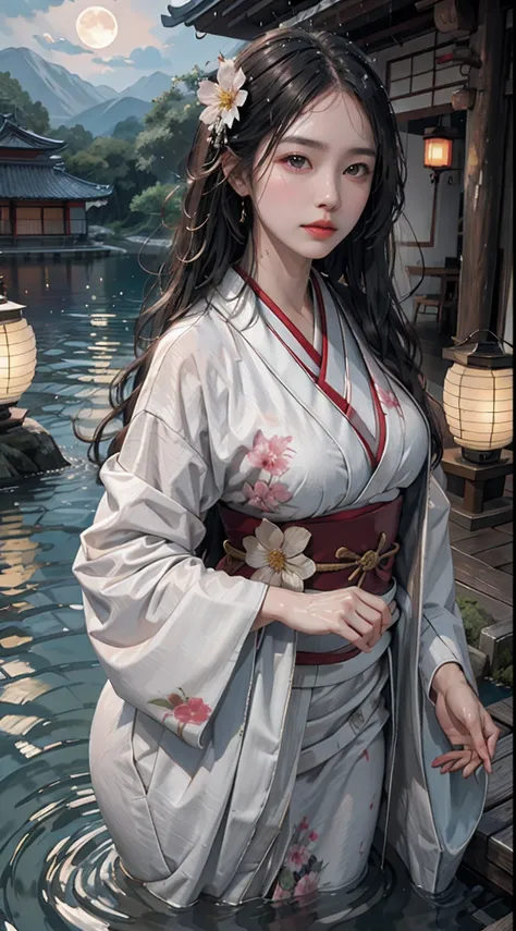 photorealistic, high resolution, soft lights, 1women, solo, hips up, shining skin, (detailed face), long hair, moon, lantern, night, solo, large breasts, hair ornament, wet, kimono, japanese clothes, wading, water, hair flower, flower, outdoors, sky, full ...