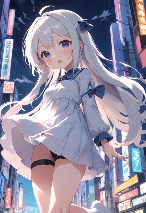 Cute loli，long whitr hair，Leaky shoulders，Barefoot，head looking up，shift dresses，white  panties，largeeyes，Anime cute face，Loli，Long white socks，Lift the skirt，Leakage