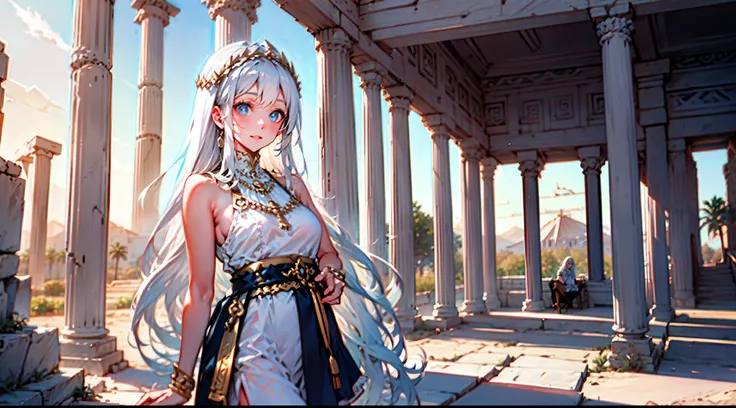 ancient greek temple in the center of the picture，the white-haired girl is in the temple，touch the paper on the booth，on the lef...