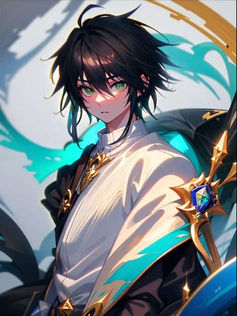 UHD, retina, masterpiece, solo, ((anime boy with black hair and green eyes)), ((wearing fantasy rogue gear)), fantasy inspired, (((extremely detailed))), white background, super detail, high details, high quality, award winning, best quality, highres, 1080...