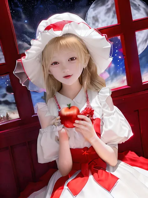 1 and 10 year old girls in reddish white ruffled sleeve dresses、Young Face、White fluffy hat、a blond、red eyes:1.2、Holding a red apple in your hand、Lori、(vampire girl:1.1)、Night sky and red moon view、Sit near the black window glass、(Night sky and clouds:1.3)...