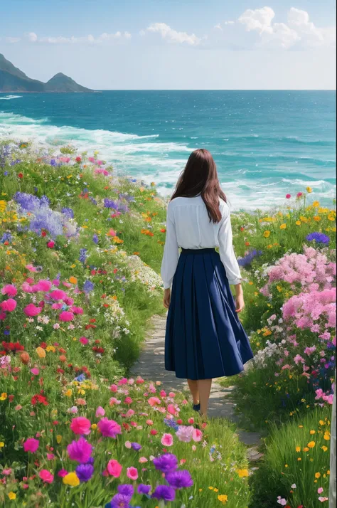 hyper-high detail，A person stands in a sea of flowers，His face was filled with joy，A gentle breeze blows through the sea of flowers，The skirt and long hair flutter in the wind