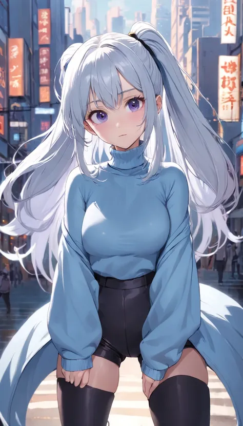 Girl, Silver White Hair, Two high ponytails Energetic, Light Blue Oversized turtleneck Sweater, Black Pants, City Background, happy, purple eyes