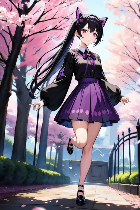 1 anime Girl, black pony hair, purple Big eyes, Butterfly ribbon, purple court, purple skirt, full body, trees, cherry blossom, 4k masterpiece