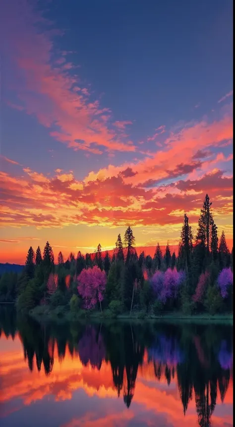 there is a beautiful sunset with a lake and trees in the background, colorful skies, surreal colors, colorful sunset, colorful sky, marvellous reflection of the sky, stunning sky, dream like atmosphere 8k, colorful clouds, colors reflecting on lake, surrea...