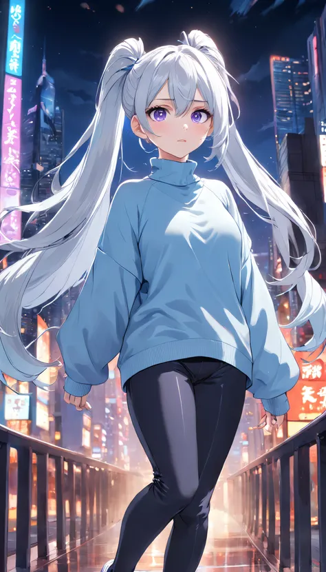 masterpiece, best quality, Girl, Silver White Hair, Two high ponytails Energetic, Light Blue Oversized turtleneck Sweater, Black Pants, City Background, happy, purple eyes