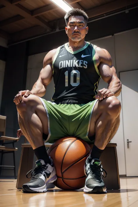 50-year-old middle-aged man，Man，grampa，Height 195，Asian people，sit on chair，God perspective，The eyes are about to face each other，Chinese men，musculature，Lift one foot，Wearing a fluorescent green Nike basketball vest，Fluorescent green basketball pants，The ...