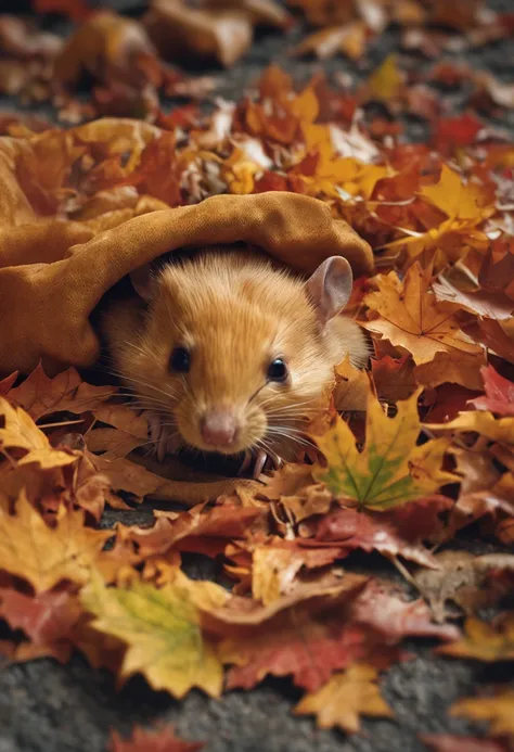 Autumn，A pile of maple leaves，A large pale yellow rat hides in a pile of maple leaves。