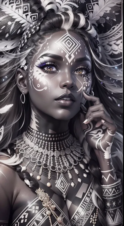 colouring book page, black and white, 32k, full body view, very beautiful tribal brown skin girl with excessive intricately detailed vivdly black and white facepaint bodypaint makeup, stunning radiant eyes, gorgeous white hair with highlights, magical nigh...