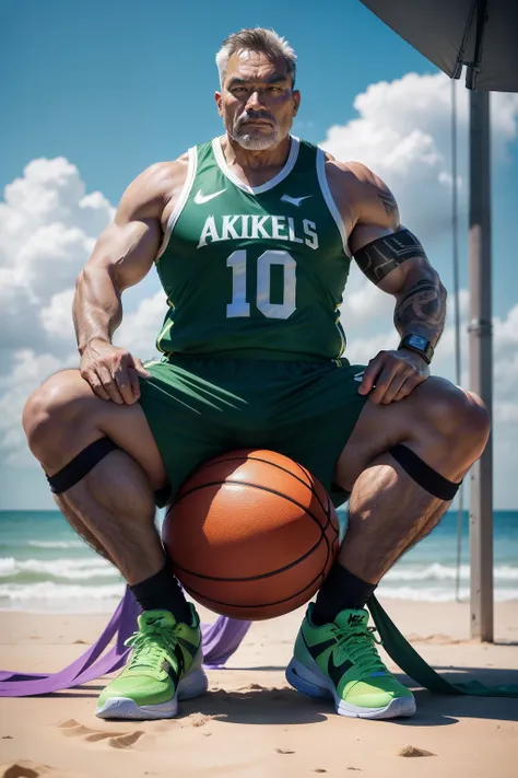 50-year-old middle-aged man，Man，grampa，Height 195，Asian people，sit on chair，God perspective，The eyes are about to face each other，Chinese men，musculature，Lift one foot，Wearing a fluorescent green Nike basketball vest，Fluorescent green basketball pants，The ...