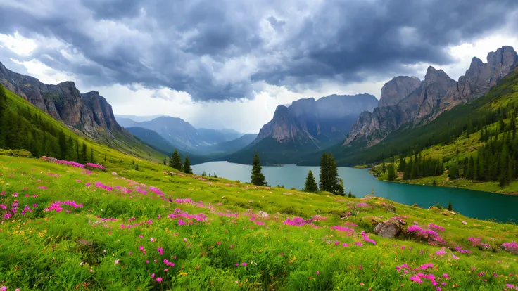 magical,  landscape, mysterious, luminous, dreary, complex, bloom, dreary. expansive, magnificent, god rays, storm, lightning, mountains, valley, boulders, trees, flowers, lake