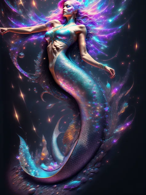 tmasterpiece, beste-Qualit, Art Station, Extremely detailed ,Mermaid,Perfectly proportioned, Contrast display, ultra realistis, black backdrop, galaxy, Endless Lights, Strewn with fine flash details, 8K, 真实感, The vibrant, luminescent, Exciting, hyper-detal...