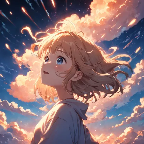 masterpiece, best quality, movie still, 1girl, cloud girl, floating in the sky, close-up, bright, happy, warm soft lighting, sunset, (sparks:0.7)