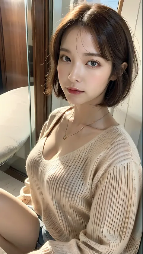 (Best quality, 8k, 32k, Masterpiece, UHD:1.2),Photo of Pretty Japanese woman, large breasts, very short bob hair,upper body,face focus,oversized_sweater, necklace, simple background, from above, looking at viewer,