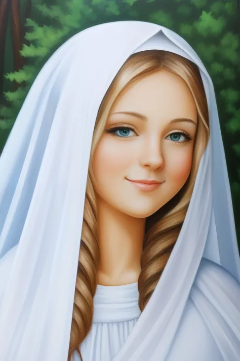 (virgin_mary of used brush and oil paint art), warm smile, white blond hair with white sacred veil, detailed, high quality, no bad finger, no fused finger,