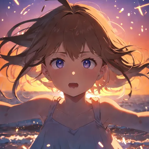 obra-prima, melhor qualidade, filme ainda, 1girl colegial, garota nuvem, floating into the sky, close-up, brilhante, feliz, Soft lighting and Warm, sun sunset, (Sparks: 0,7)