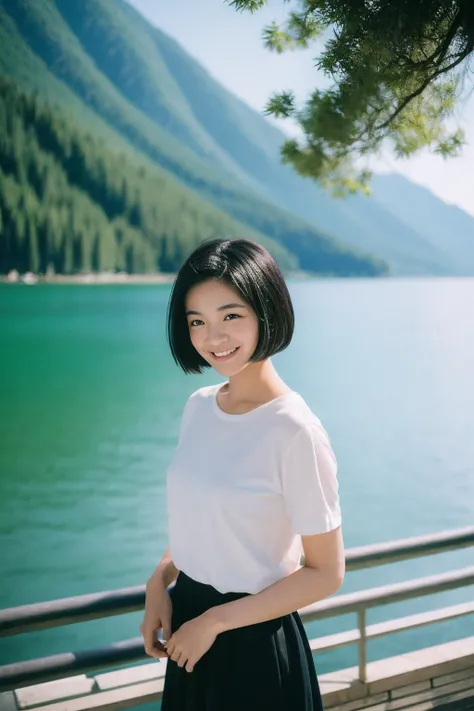 An Asian girl，Stand in front of the lake，There are swans on the lake，There is a railing by the lake，There is a big mountain behind the lake，There are a lot of trees in the mountains，The girl wears white short sleeves，（Sweet smile：1.2），Black color hair，a ba...