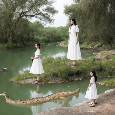 A beautiful woman wearing a white Han dress with fairy air stands on an island and looks at the river，There was a man and a bunch of crocodiles in the river